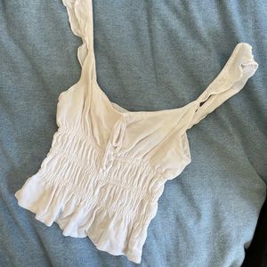 Reformation White Ruched Ruffle Tank Top